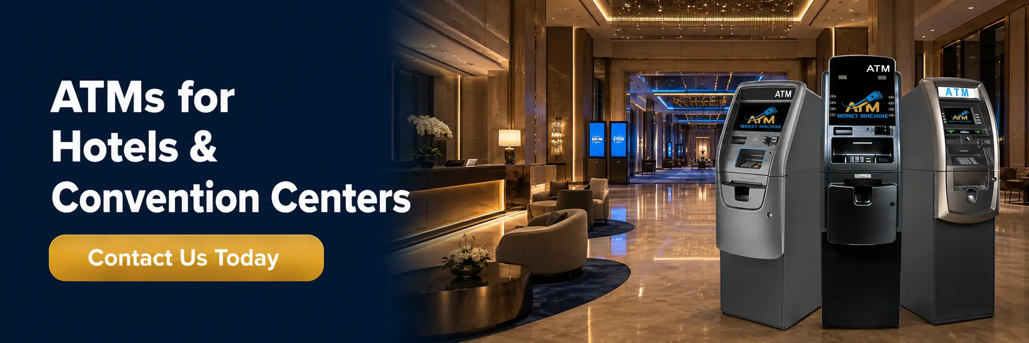 ATM machines placed in a hotel lobby near seating and reception area