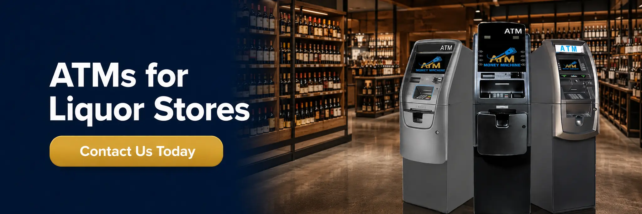ATM machines installed inside a liquor store surrounded by wine shelves