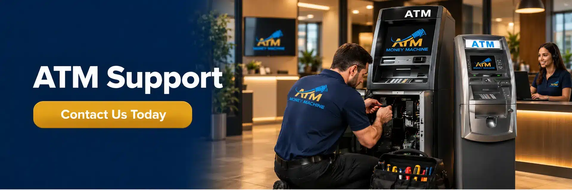 ATM Money Machine technician repairing an ATM